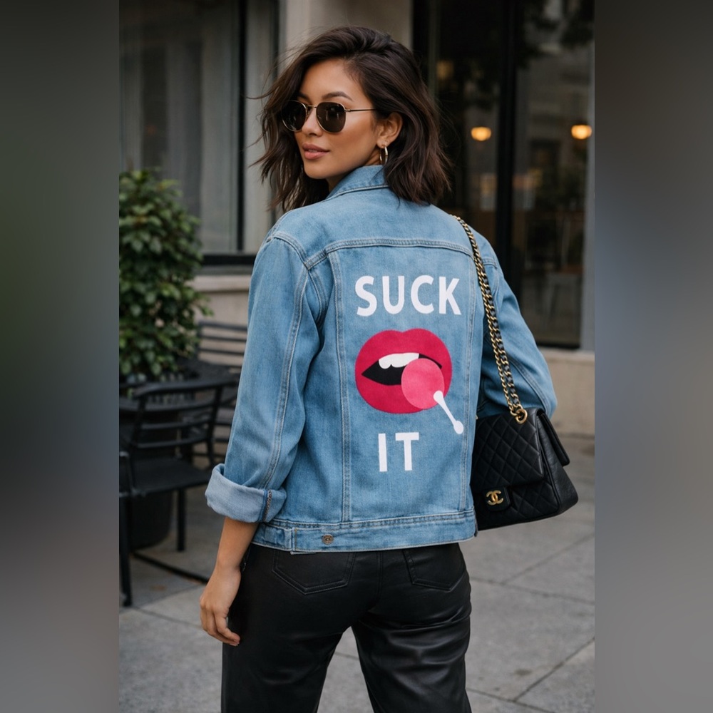 Sz XL John Galt Upcycled Hand Painted Graphic “Just Suck it” Lip Denim Jacket